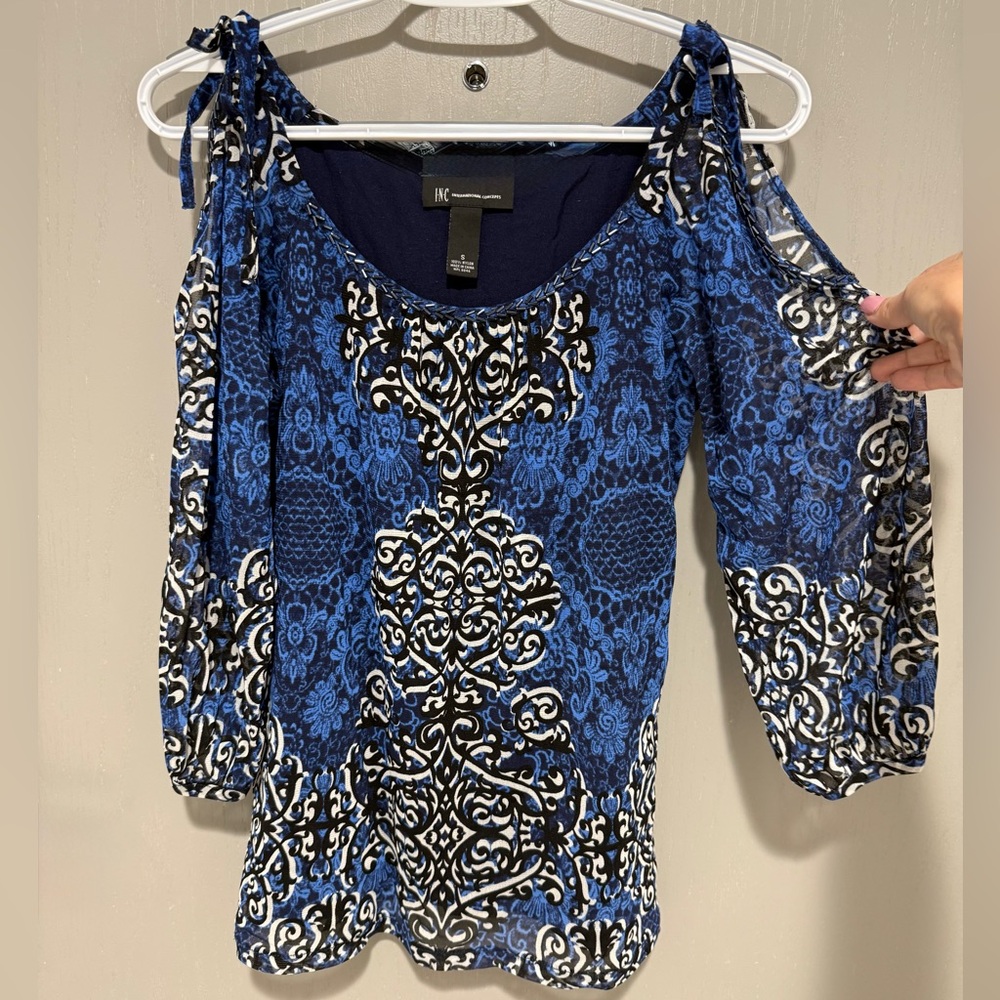 INC International Concepts Blue and Black Patterned Blouse